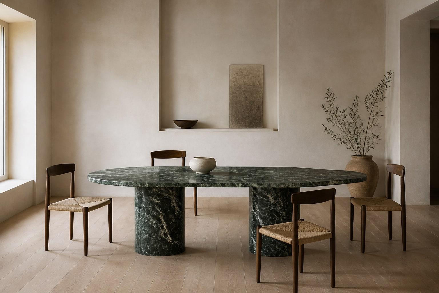 Tavolo ovale in marmo verde venato con basamenti scolpiti