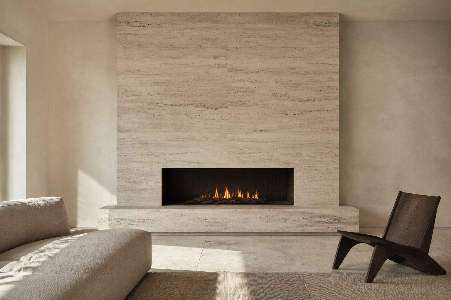 Camino contemporaneo con rivestimento e panca in travertino