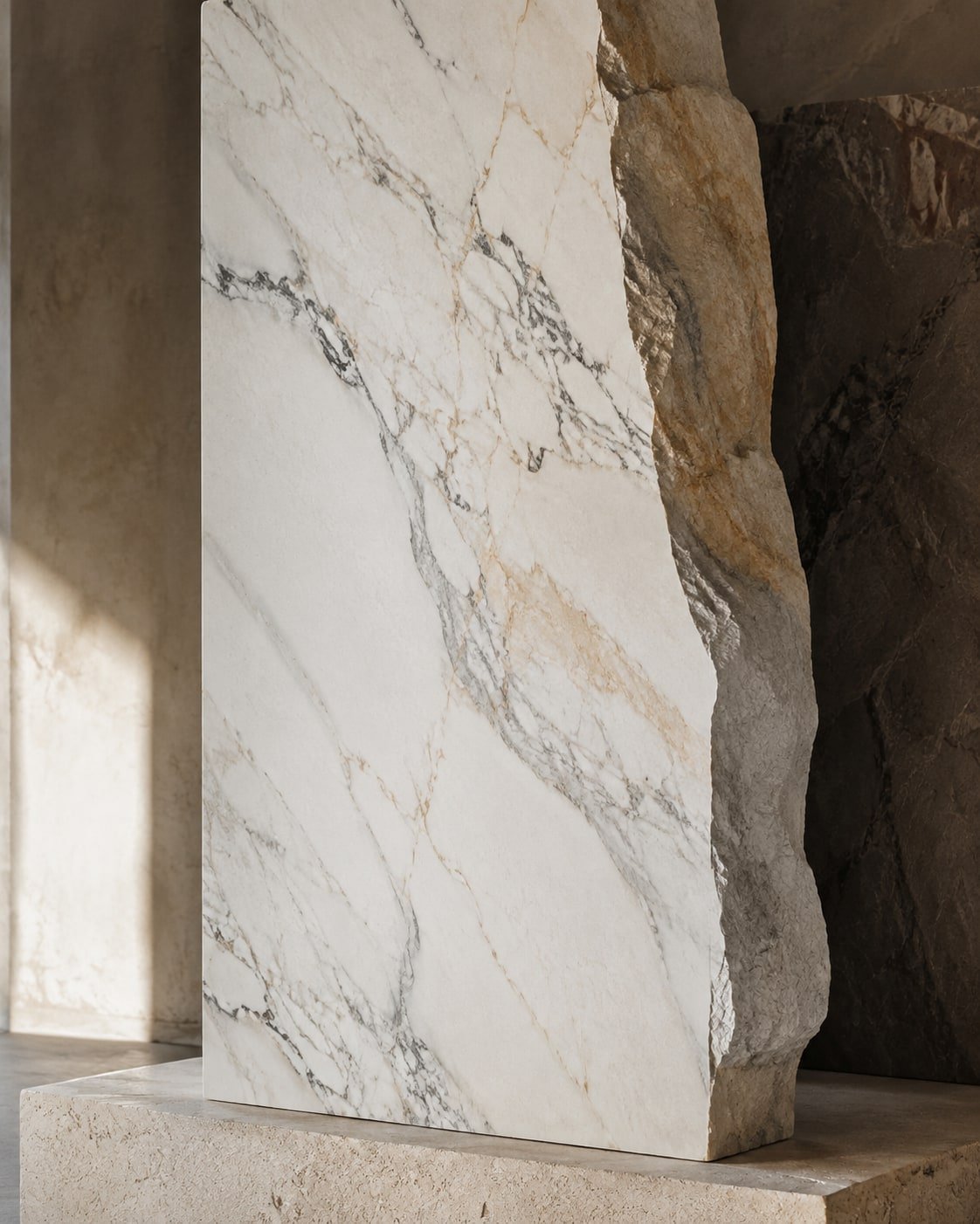 Blocco di marmo bianco venato con bordo grezzo