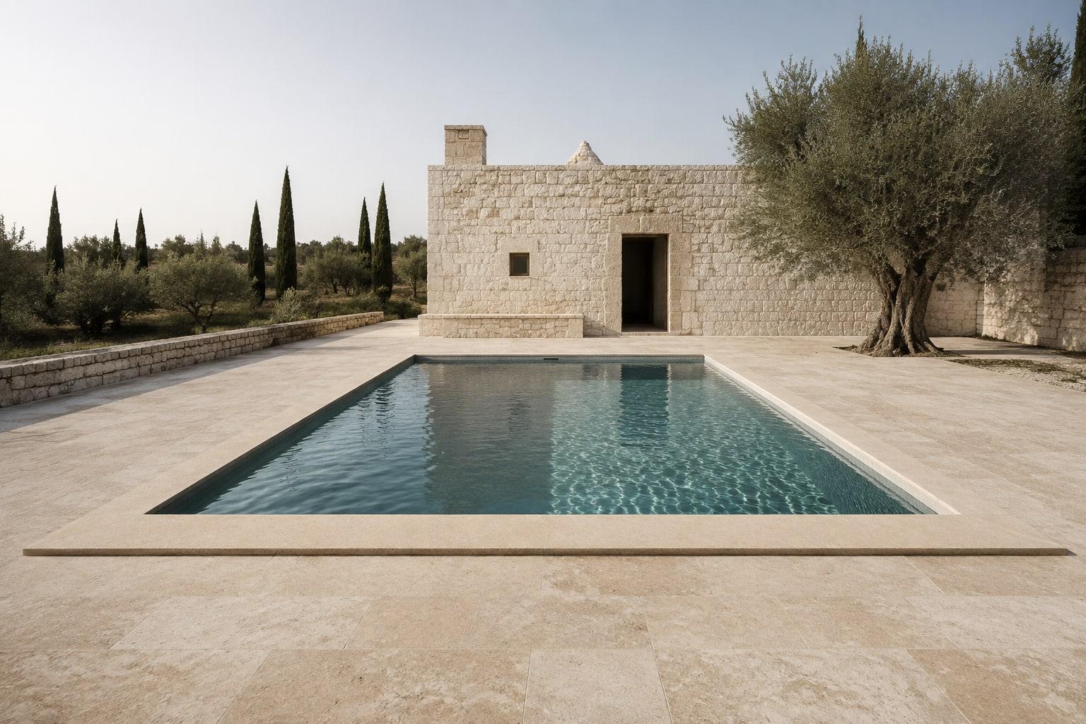 Piscina con bordo e pavimentazione in travertino, tra gli ulivi