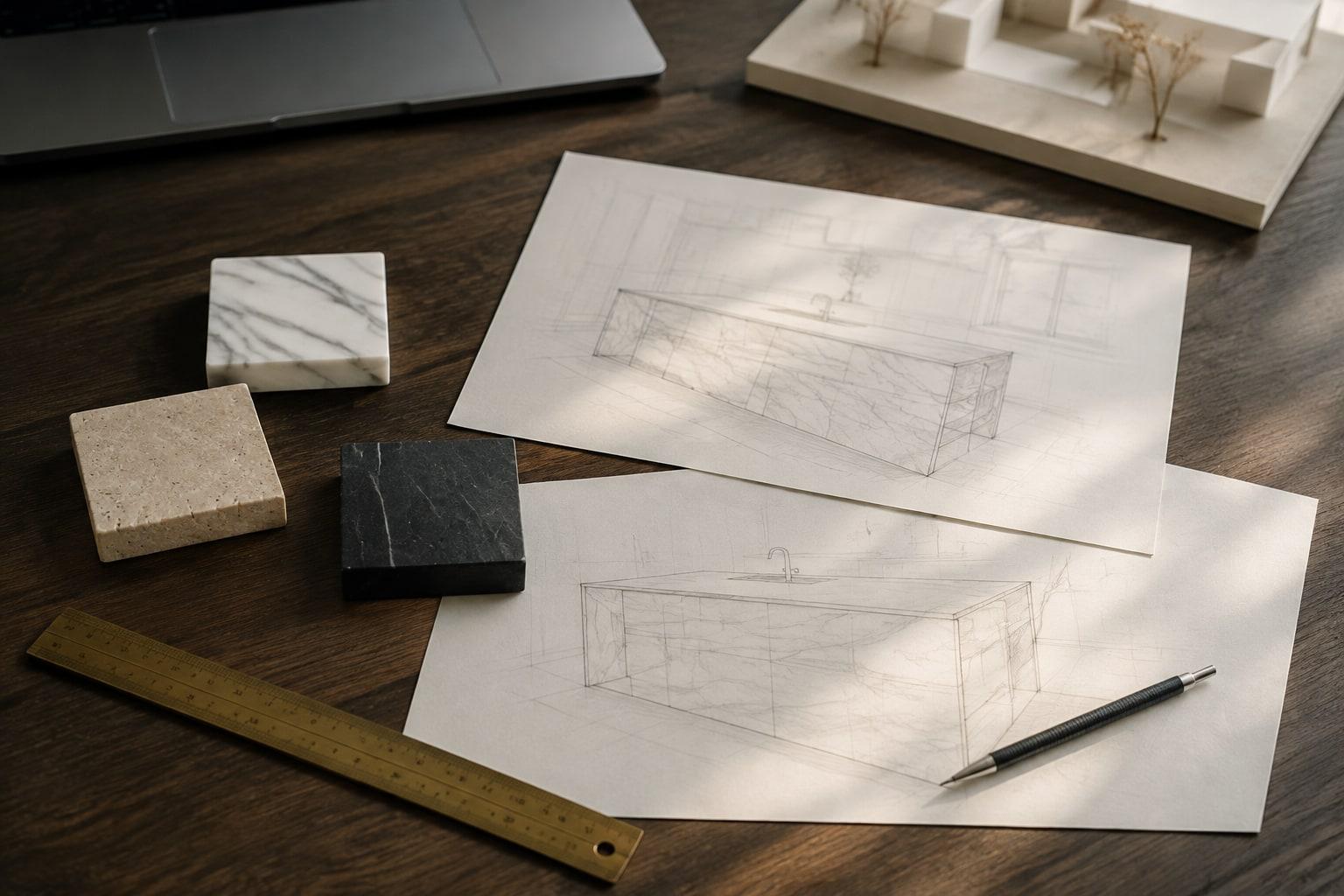 Disegni di progetto e campioni di pietra sul tavolo di lavoro