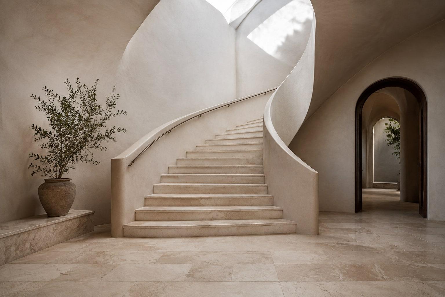 Scala curva e pavimento in pietra chiara